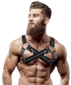 FETISH SUBMISSIVE ATTITUDE - ADJUSTABLE NEOPRENE CROSS-OVER CHEST BULLDOG HARNESS WITH ZIPPERS FOR MEN