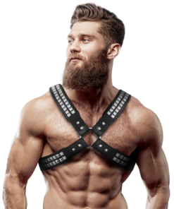 FETISH SUBMISSIVE ATTITUDE - MENS CROSSED CHEST ECO-LEATHER HARNESS WITH RIVETS