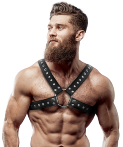 FETISH SUBMISSIVE ATTITUDE - MENS CROSS-OVER ECO-LEATHER CHEST HARNESS WITH STUDS