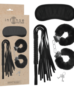 INTENSE - FETISH EROTIC PLAYSET 1 WITH HANDCUFFS, BLIND MASK AND FLOGGER