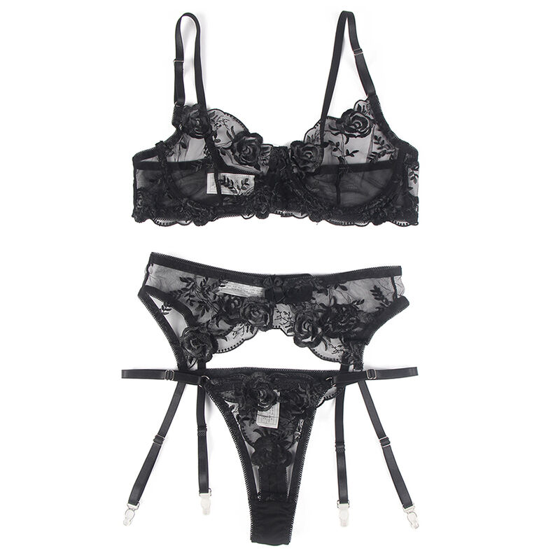 SUBBLIME - SET OF 3 PIECES BRA + THONG + GARTER FLORAL PRINT BLACK L/XL - Image 5