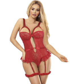 SUBBLIME - TEDDY WITH GARTER WITH LACE DETAIL AND STRIPS RED S/M