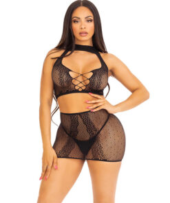 LEG AVENUE - FUCHSIA OPEN LACE TOP  SKIRT