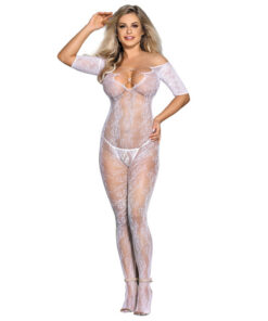 SUBBLIME - 951818 FISHNET CROTCHLESS BODYSTOCKING WITH WHITE ROSES PATTERN ONE SIZE