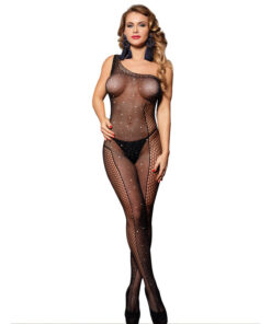 SUBBLIME - 952037 ONE SHOULDER FISHNET BODYSTOCKING WITH DIAMONDS BLACK ONE SIZE