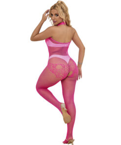 Alternative view of SUBBLIME - 952389 FISHNET AND LACE CROTCHLESS BODYSTOCKING WITH HIGH NECK PINK ONE SIZE