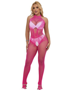SUBBLIME - 952389 FISHNET AND LACE CROTCHLESS BODYSTOCKING WITH HIGH NECK PINK ONE SIZE