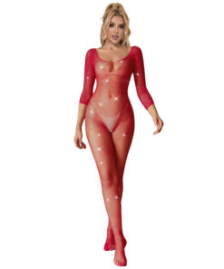 SUBBLIME - 952419 FISHNET BODYSTOCKING WITH DIAMONDS LONG SLEEVE RED XS/M
