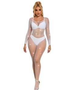 SUBBLIME - 952396 FISHNET BODYSTOCKING WITH DIAMONDS LONG SLEEVE WHITE ONE SIZE