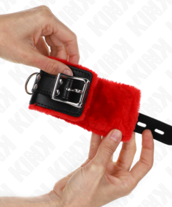 Alternative view of KINK - FUR LINED WRIST RESTRAINTS WITH SQUARE HOLES RED AND BLACK BELT ADJUSTABLE 17-29 CM X 6 CM