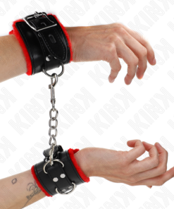 KINK - FUR LINED WRIST RESTRAINTS WITH SQUARE HOLES RED AND BLACK BELT ADJUSTABLE 17-29 CM X 6 CM