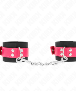 KINK - NYLON WRIST RESTRAINTS BLACK WITH LEATHERETTE BELT RASPBERRY ROSE ADJUSTABLE 19-29 CM X 5.1 CM