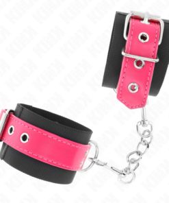 Alternative view of KINK - NYLON WRIST RESTRAINTS BLACK WITH LEATHERETTE BELT RASPBERRY ROSE ADJUSTABLE 19-29 CM X 5.1 CM
