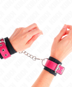 KINK - NYLON WRIST RESTRAINTS BLACK WITH LEATHERETTE BELT RASPBERRY ROSE ADJUSTABLE 19-29 CM X 5.1 CM