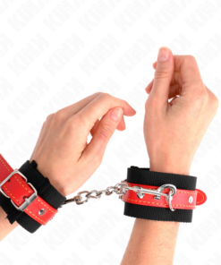 KINK - NYLON WRIST RESTRAINTS BLACK WITH LEATHERETTE RED ADJUSTABLE 19-24 CM X 5.5 CM