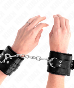 KINK - FUR LINED WRIST RESTRAINTS WITH SQUARE HOLES BLACK AND BLACK BELT ADJUSTABLE 17-29 CM X 6 CM
