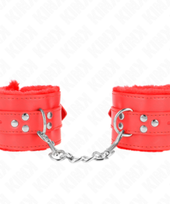 Alternative view of KINK - FUR LINED WRIST RESTRAINTS WITH SQUARE HOLES RED AND RED BELT ADJUSTABLE 17-29 CM X 6 CM