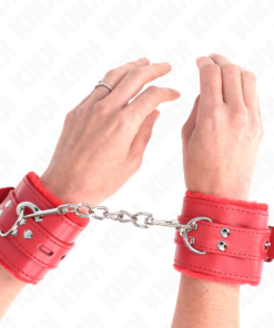 KINK - FUR LINED WRIST RESTRAINTS WITH SQUARE HOLES RED AND RED BELT ADJUSTABLE 17-29 CM X 6 CM