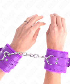 KINK - FUR LINED WRIST RESTRAINTS WITH SQUARE HOLES PURPLE AND PURPLE BELT ADJUSTABLE 17-29 CM X 6 CM
