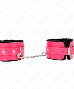 Alternative view of KINK - PREMIUM FUR LINED WRIST RESTRAINTS BLACK WITH RASPBERRY ROSE BELT ADJUSTABLE 17-29 CM X 6 CM