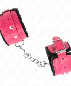 Alternative view of KINK - PREMIUM FUR LINED WRIST RESTRAINTS BLACK WITH RASPBERRY ROSE BELT ADJUSTABLE 17-29 CM X 6 CM