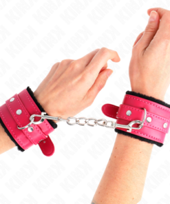 KINK - PREMIUM FUR LINED WRIST RESTRAINTS BLACK WITH RASPBERRY ROSE BELT ADJUSTABLE 17-29 CM X 6 CM