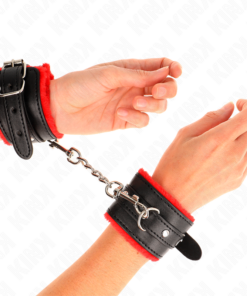 KINK - PREMIUM FUR LINED WRIST RESTRAINTS RED WITH BLACK BELT ADJUSTABLE 17-29 CM X 6 CM