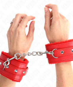 KINK - PREMIUM FUR LINED WRIST RESTRAINTS RED WITH RED BELT ADJUSTABLE 17-29 CM X 6 CM