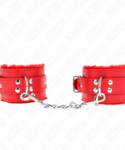 KINK - FUR LINED WRIST RESTRAINTS RED WITH RED BELT ADJUSTABLE 17-29 CM X 6 CM