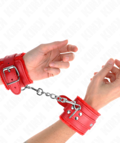 KINK - FUR LINED WRIST RESTRAINTS RED WITH RED BELT ADJUSTABLE 17-29 CM X 6 CM