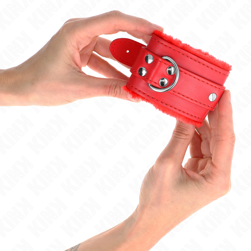 KINK - FUR LINED WRIST RESTRAINTS RED WITH RED BELT ADJUSTABLE 17-29 CM X 6 CM - Image 4
