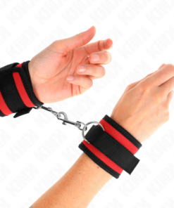 KINK - NYLON BIND HOOKLOOP WRIST RESTRAINTS RED-BLACK MODEL 2 ADJUSTABLE 18-35 CM X 6 CM