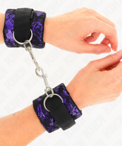 KINK - SHORT VELVET LACE WRIST RESTRAINTS AND NYLON BIND PURPLE / BLACK 23 X 6.5 CM