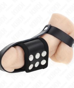 Alternative view of KINK - LEATHER PENIS CAGE RING WITH ADJUSTABLE COATED BALL DIVIDER STRAP