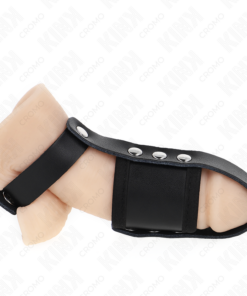 KINK - LEATHER PENIS CAGE RING WITH ADJUSTABLE COATED BALL DIVIDER STRAP