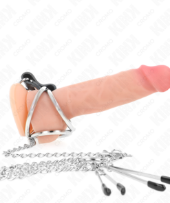 Alternative view of KINK - TRIPLE CHROME METAL PENIS RING 3.8 CM TO 5 CM WITH 26 CM METAL CHAIN AND NIPPLE CLAMPS MODEL 2