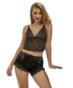 SUBBLIME - 953935 CASUAL SILK NIGHTGOWN + LACE PANTS BLACK S/M