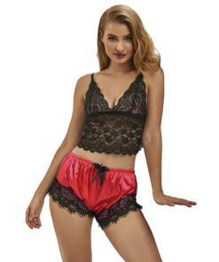 SUBBLIME - 953959 CASUAL SILK NIGHTGOWN + LACE PANTS BLACK/RED S/M