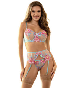 SUBBLIME - 954116 BRA + PANTIES WITH GARTER BELT FLORAL DESIGN BLUE L/XL