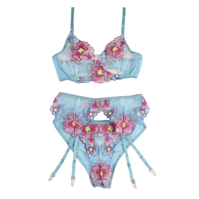 SUBBLIME - 954116 BRA + PANTIES WITH GARTER BELT FLORAL DESIGN BLUE L/XL - Image 5