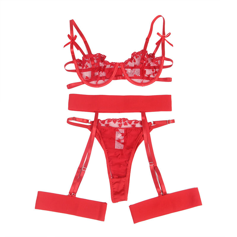 SUBBLIME - 954321 HEART PRINT BRA + THONG + GARTER BELT RED S/M - Image 5