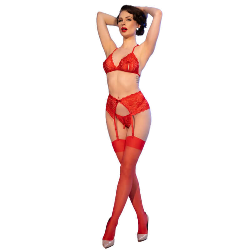 CHILIROSE - CR 4848 RED LACE BRA + THONG + STOCKINGS SET S - Image 4