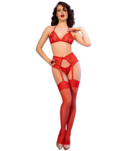 Alternative view of CHILIROSE - CR 4848 RED LACE BRA + THONG + STOCKINGS SET S