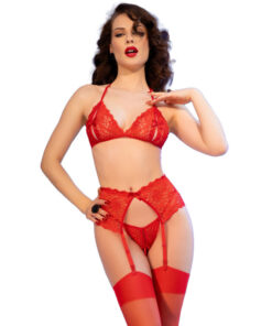 CHILIROSE - CR 4848 RED LACE BRA + THONG + STOCKINGS SET S