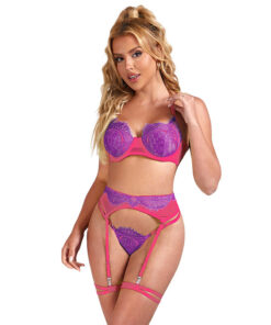 SUBBLIME - 955359 SET OF BRA WITH LACE AND GARTER LINKS PINK AND PURPLE S/M