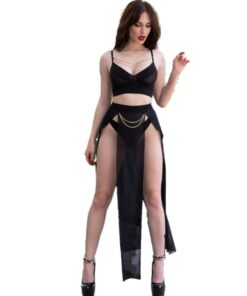 Alternative view of CHILIROSE - CR 4672 BLACK TOP SKIRT AND THONG WITH GOLDEN CHAINS S