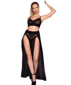 CHILIROSE - CR 4672 BLACK TOP SKIRT AND THONG WITH GOLDEN CHAINS S