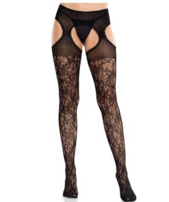 LEG AVENUE - FLORAL LACE STOCKINGS WITH GARTERS UNITED BLACK