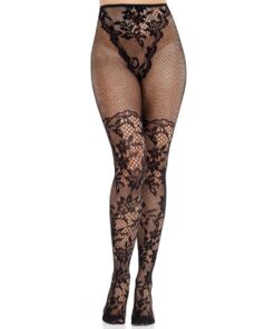LEG AVENUE - DAHLIA LACE STOCKINGS WITH NET DETAIL BLACK