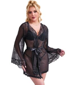 SUBBLIME - TRANSPARENT FABRIC ROBE WITH LACE DETAIL BLACK S/M